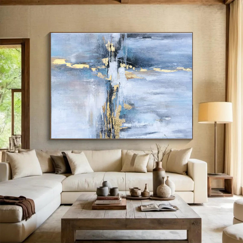 Teal, Gold, White Textured Abstract Art For Sale WB378