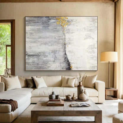 Hand-Painted Gray, White, and Gold Abstract Textured Painting For Sale HS035