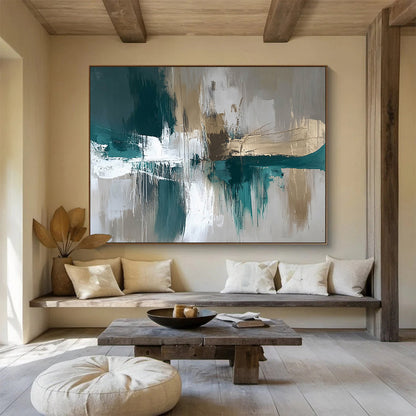 Extra Large Size Teal, Gold, Beige, and White Abstract Textured Art - Acrylic Painting WB299