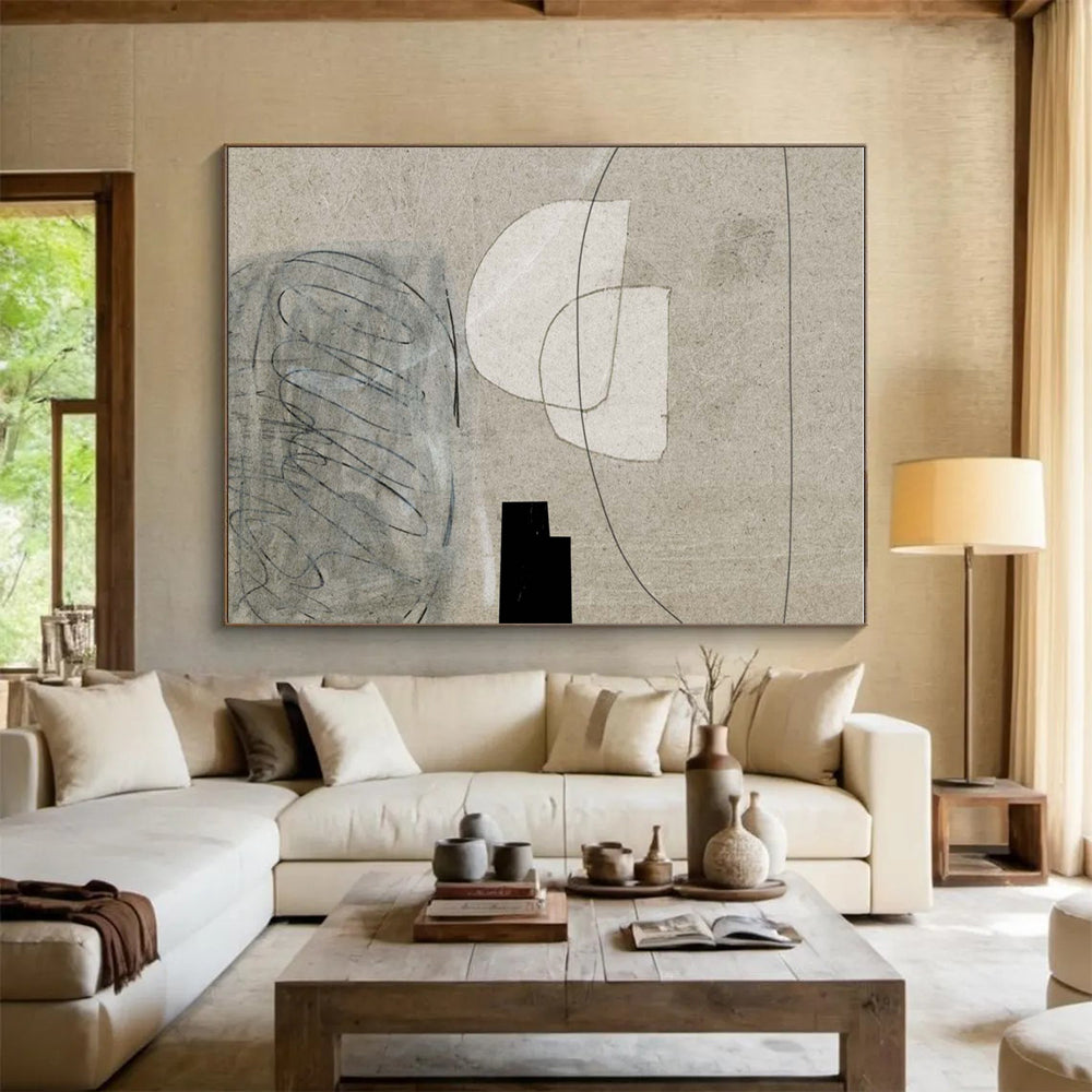 Minimalist Canvas Art Beige & Black Geometric Abstract, Handmade Art HS242