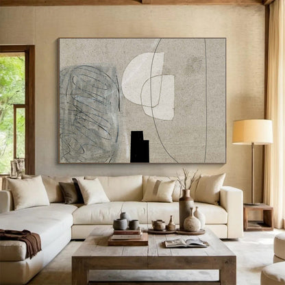 Minimalist Canvas Art Beige & Black Geometric Abstract, Handmade Art HS242