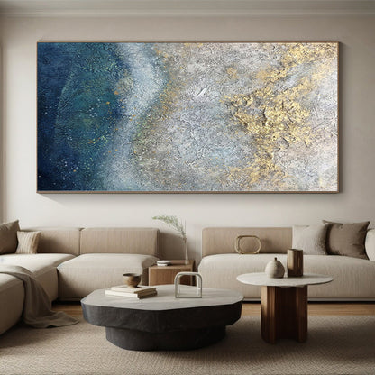 Hand-Painted Gray, Blue, and Gold Textured Abstract Painting For Sale HS005