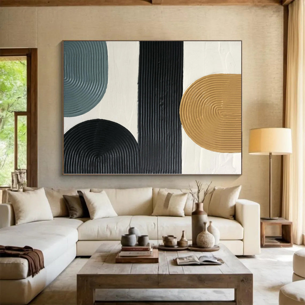 Hand-Painted Beige, Black, Gray, and White Abstract Curved Line Textured Painting For Sale HS037