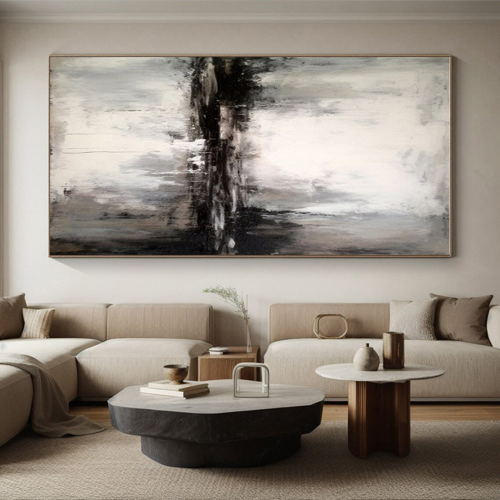 Hand-Painted Minimalist Canvas Art with Black, White, Gray Misty Textures - Large Painting In Living Room HS528