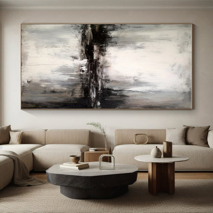 Hand-Painted Minimalist Canvas Art with Black, White, Gray Misty Textures - Large Painting In Living Room HS528