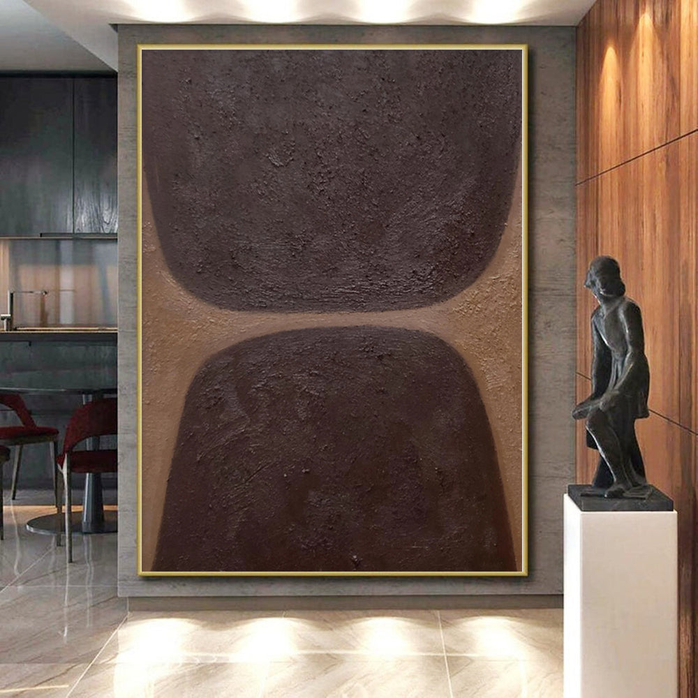 Hand-Painted Brown and Dark Brown Abstract Shape Painting For Sale HS032