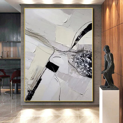 Hand-Painted Gray, White, and Black Abstract Textured Line Painting For Sale HS034