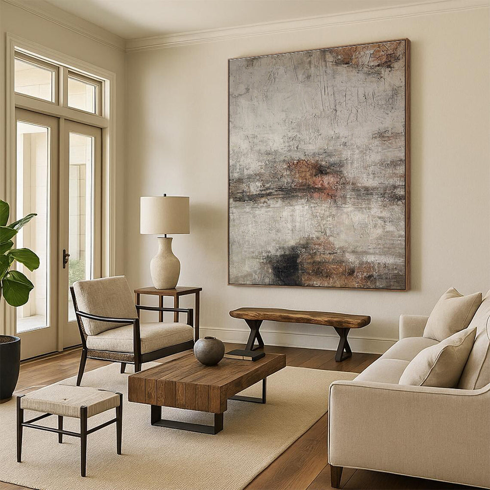 Large Painting In Living Room Gray, Brown, and Black Textured Abstract Art HS629