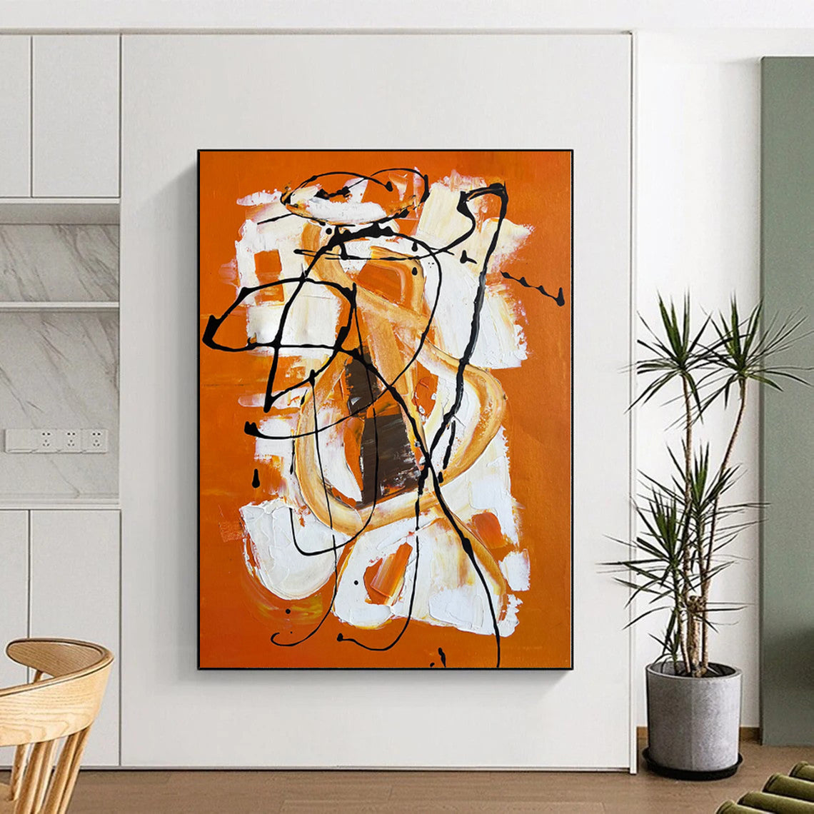 Hand-Painted Orange, White, and Black Abstract Expressive Painting For Sale HS050