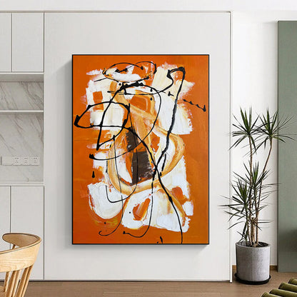 Hand-Painted Orange, White, and Black Abstract Expressive Painting For Sale HS050