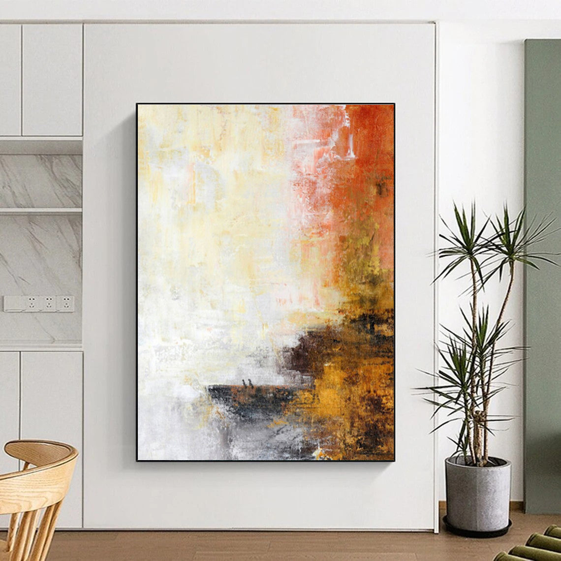 Unique Abstract Art Orange, Yellow & Gray Textured Abstract, Large Contemporary Wall Art HS292