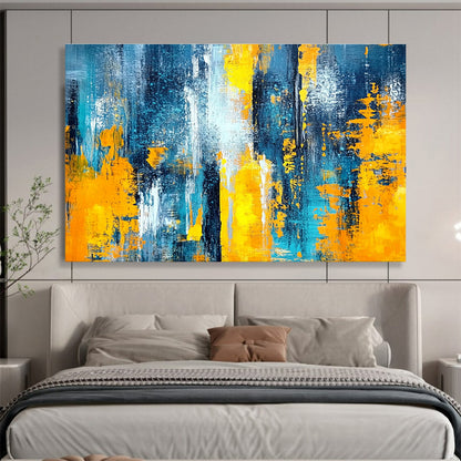 Horizontal Blue, Gray, and Gold Textured Abstract Painting WB266