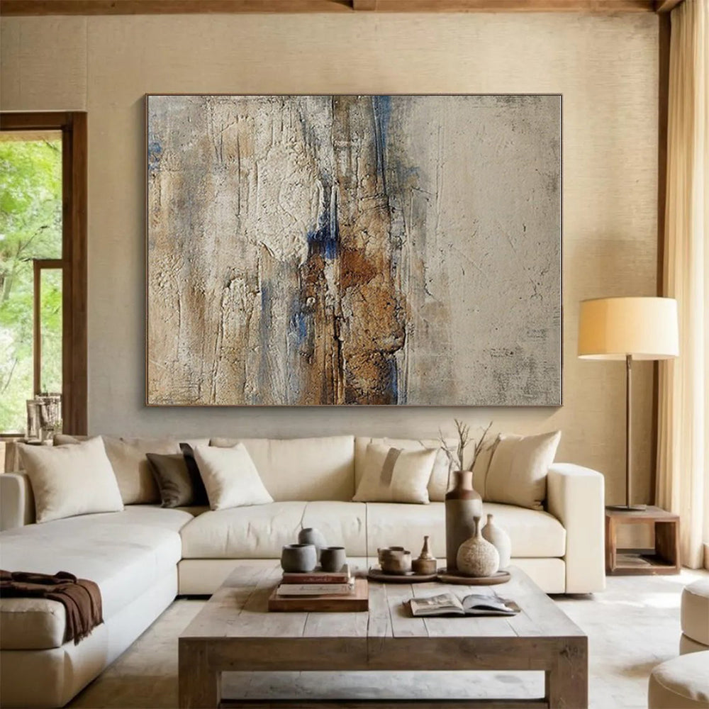 Handmade Art Beige, Brown, and Blue Textured Abstract Landscape HS630