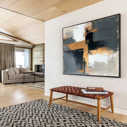 Contemporary Abstract Art with Black, White, Gold and Gray Colors, Minimalist Geometric Abstract Theme WB329