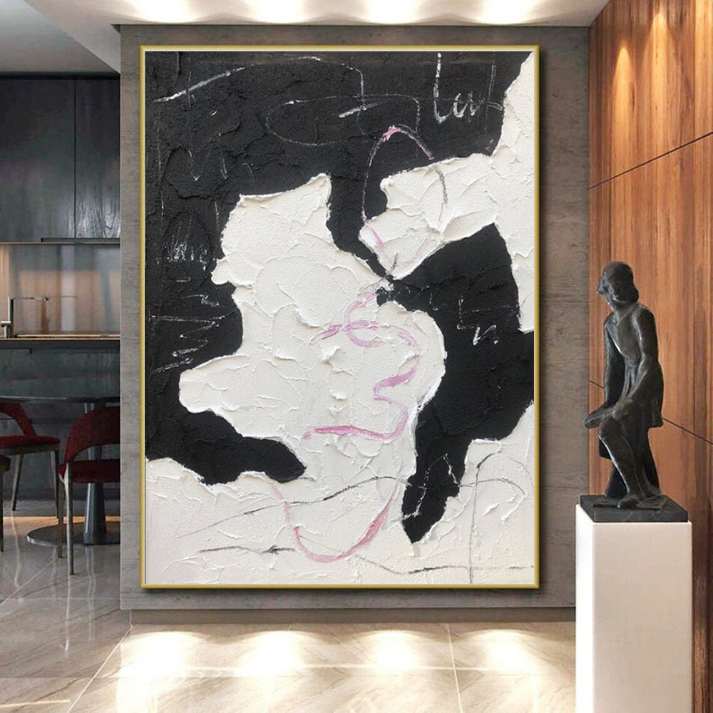 Unique Abstract Art Textured Black, White, and Pink Abstract Painting HS582