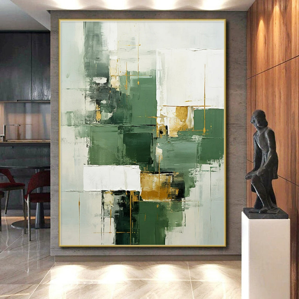 Unique Abstract Art Green, White, and Gold Geometric Abstract Painting On Canvas HS800