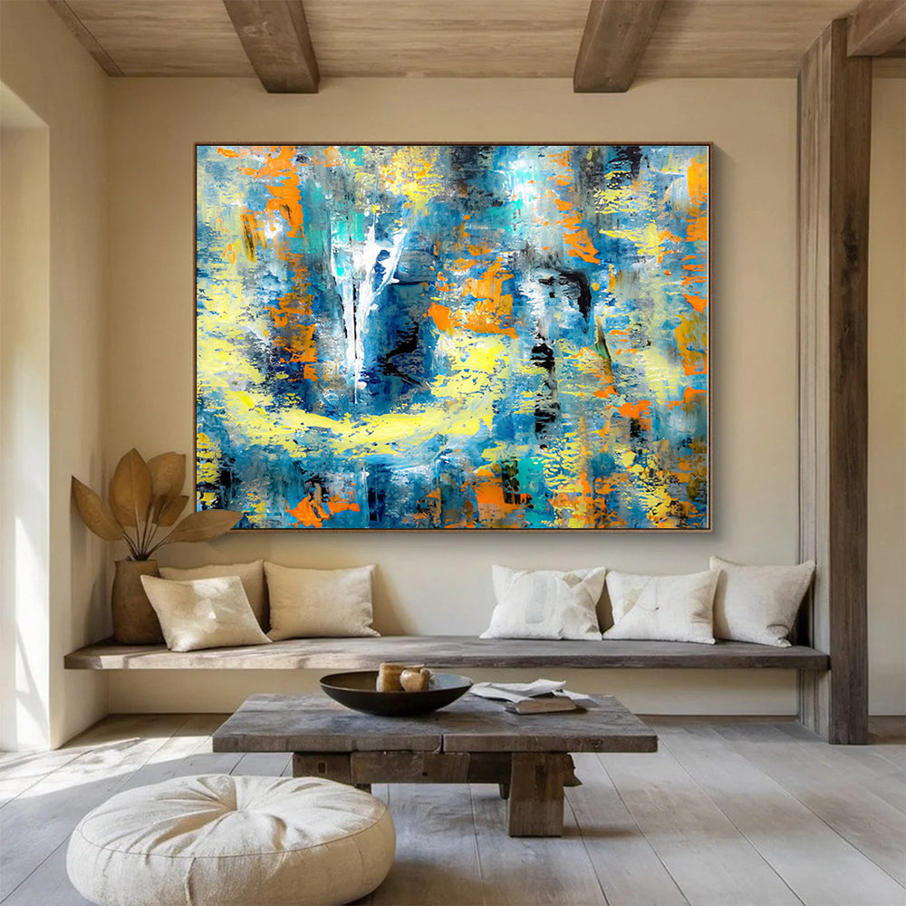 Extra Large Size Blue, Yellow, and Orange Abstract Splash Art, Abstract Acrylic Painting WB162