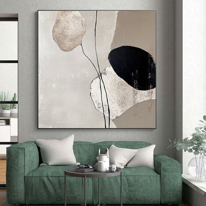 Minimalist Canvas Art Black, White, and Beige Organic Shapes Abstract Painting HS174