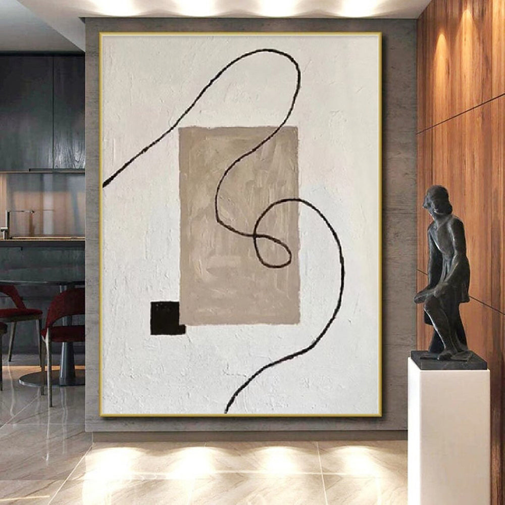Hand-Painted Beige, Black, and White Abstract Line and Shape Painting For Sale HS064