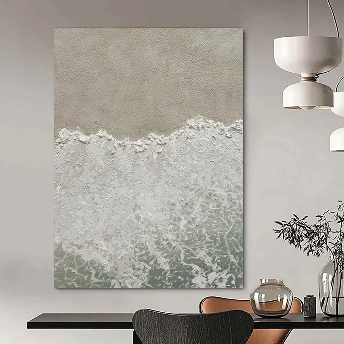 Green, Gold, and Gray Abstract Seaside Painting For Sale Online WS480
