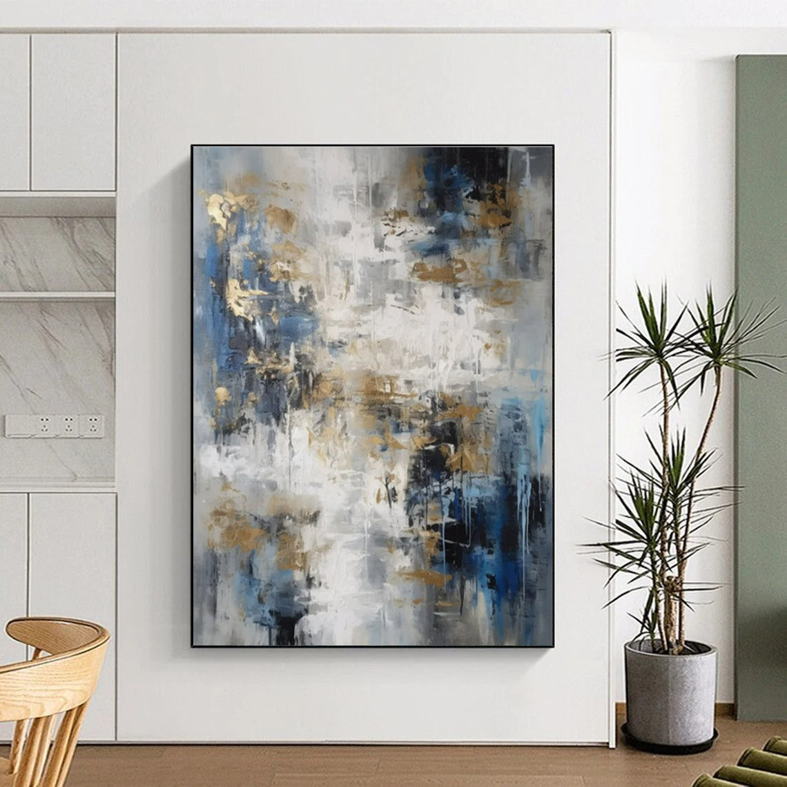 Cool Abstract Paintings Blue, Gray, and Gold Textured Abstract Art HS746