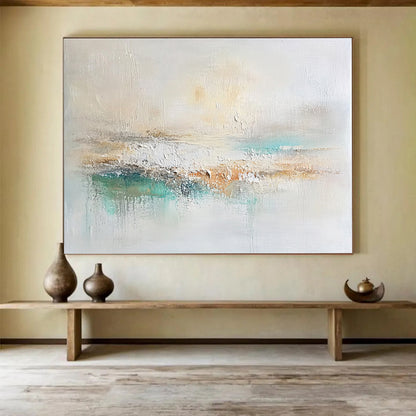 Big Size Beige, Teal, and Brown Abstract Calm Landscape - Acrylic Painting WB280