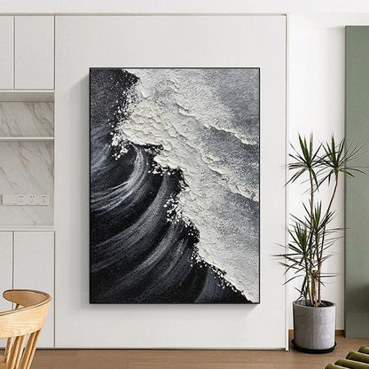 Black and White Textured Wave Abstract Painting For Sale WS506