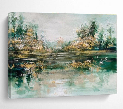 Contemporary Abstract Painting: Green and Beige Forest Lake Abstract Painting WB346