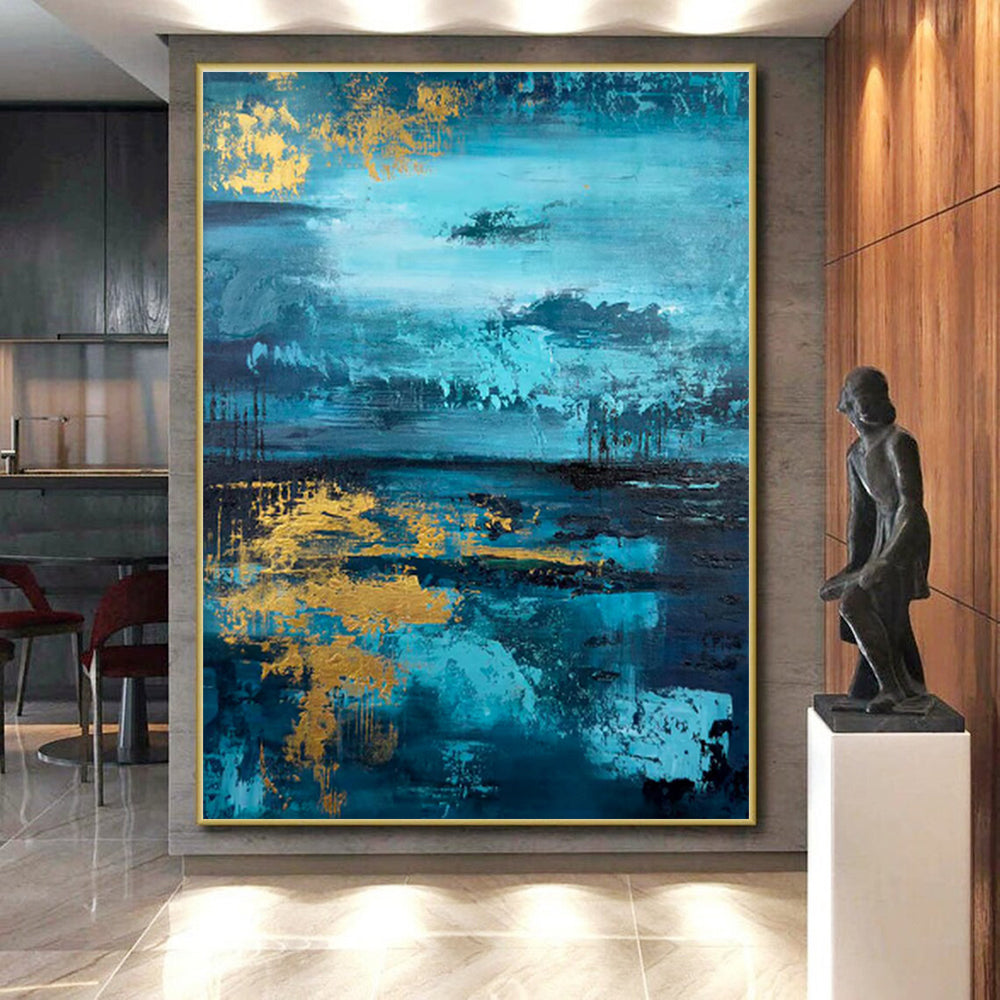 Gaint Canvas Art Teal & Gold Textured Abstract, Oversized Abstract Wall Art HS451