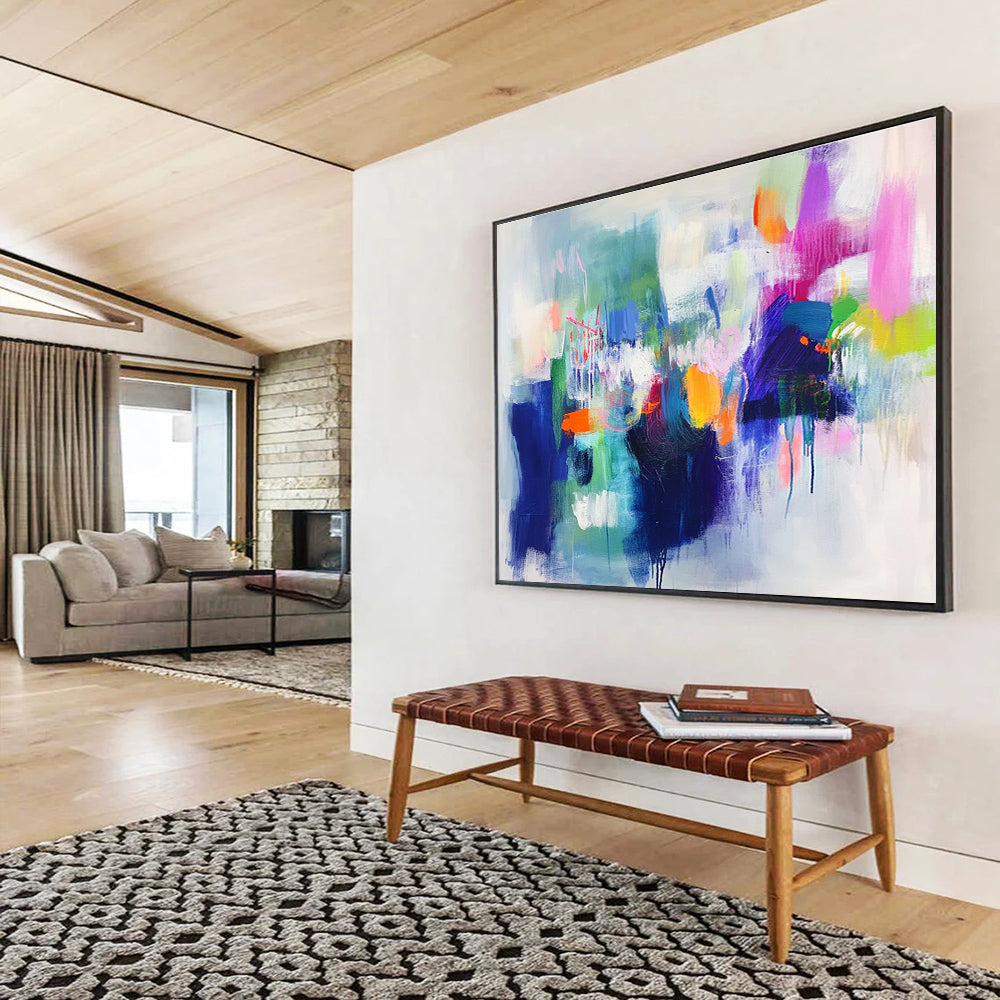 Contemporary Abstract Painting with Bright Colors like Pink, Orange, Blue, Green, Abstract Energetic Theme WB314