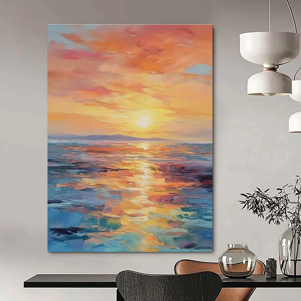 Orange, Pink, and Blue Abstract Seaside Sunset Painting For Sale Online WS481