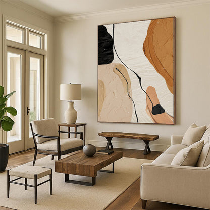 Handmade Art Beige, Brown, and Black Abstract Shape Painting For Sale HS083