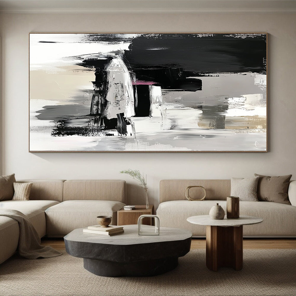 Hand-Painted Black, Gray, White, and Pink Abstract Textured Painting For Sale HS151