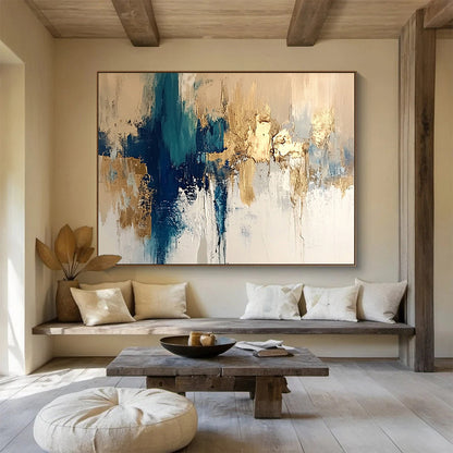 Extra Large Size Teal, Gold, and White Abstract Textured Art - Acrylic Painting WB275