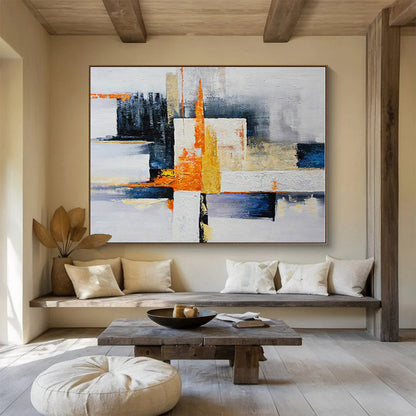 Large Size Orange, Yellow, Blue and White Abstract Geometric Painting WB065