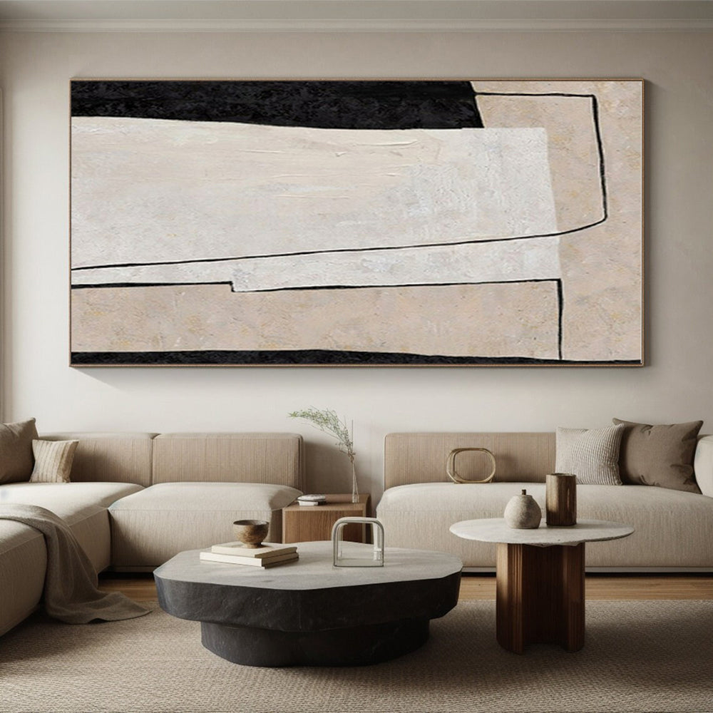 Hand Painted Art Beige, Black, and White Geometric Abstract Art HS698