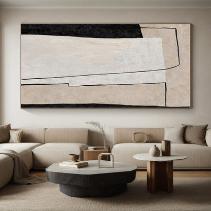 Hand Painted Art Beige, Black, and White Geometric Abstract Art HS698