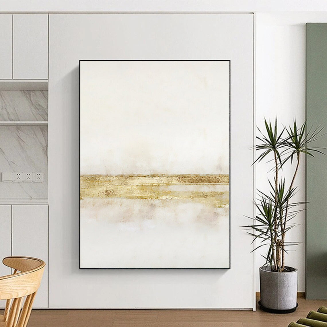 Hand-Painted White and Gold Abstract Minimalist Painting For Sale HS091