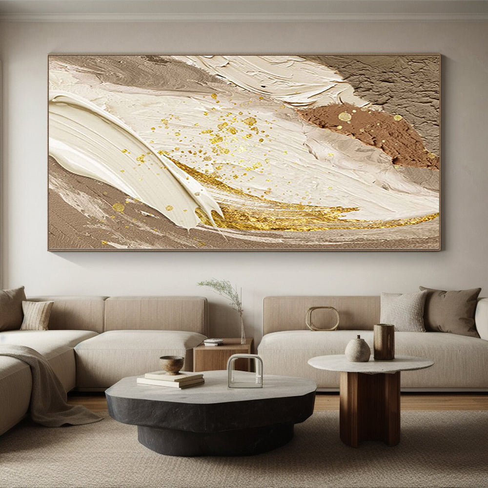 Handmade Art Beige, Gold, and Brown Abstract Textured Painting For Sale HS072