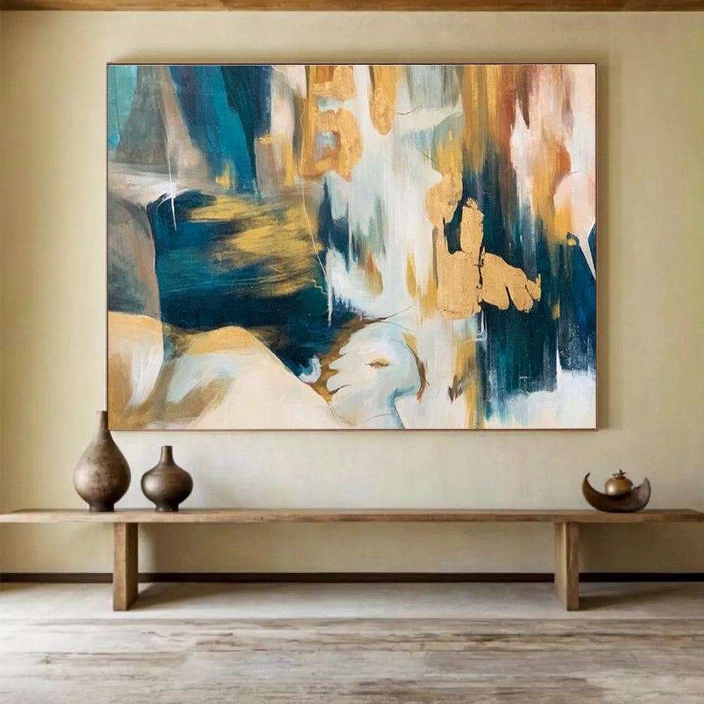 Teal, Gold, White Abstract Figurative-Inspired Art For Sale WB380