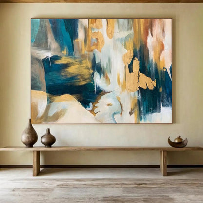 Teal, Gold, White Abstract Figurative-Inspired Art For Sale WB380