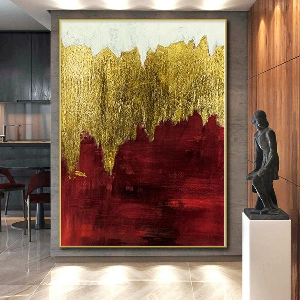 Hand-Painted Red and Gold Abstract Landscape Painting For Sale HS066