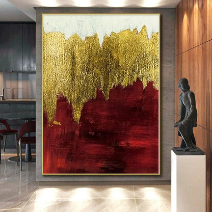 Hand-Painted Red and Gold Abstract Landscape Painting For Sale HS066