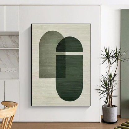 Hand-Painted Minimalist Canvas Art with Green, Gray Geometric Forms - Modern Art Acrylic HS514