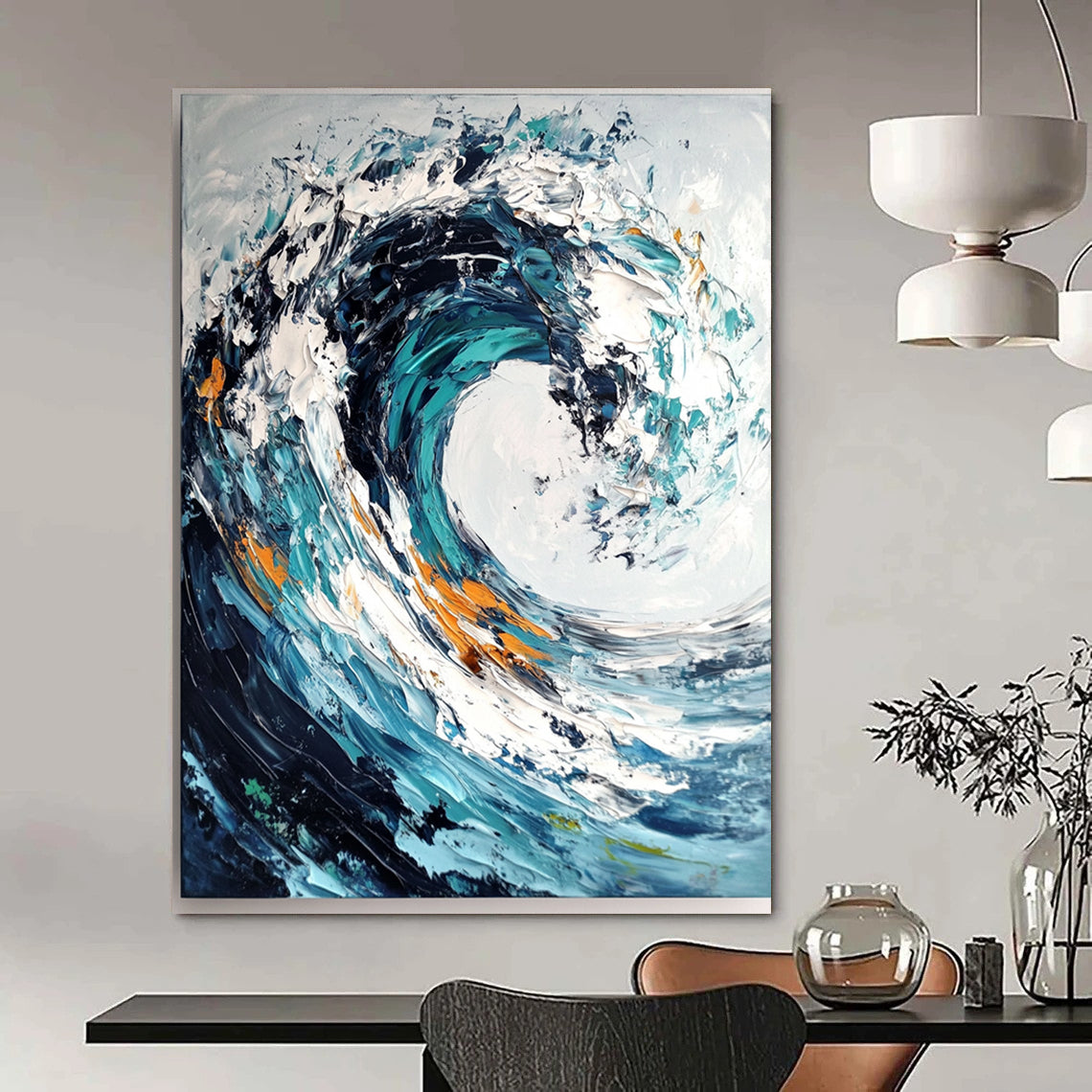 Blue, White, Orange Abstract Seascape Art For Bathroom and Living Room WS432