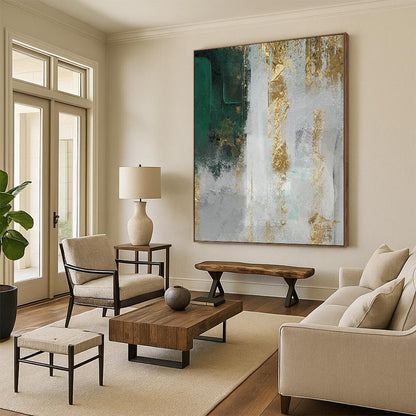 Large Size Green, Gold, and Gray Abstract Textured Painting For Sale HS085