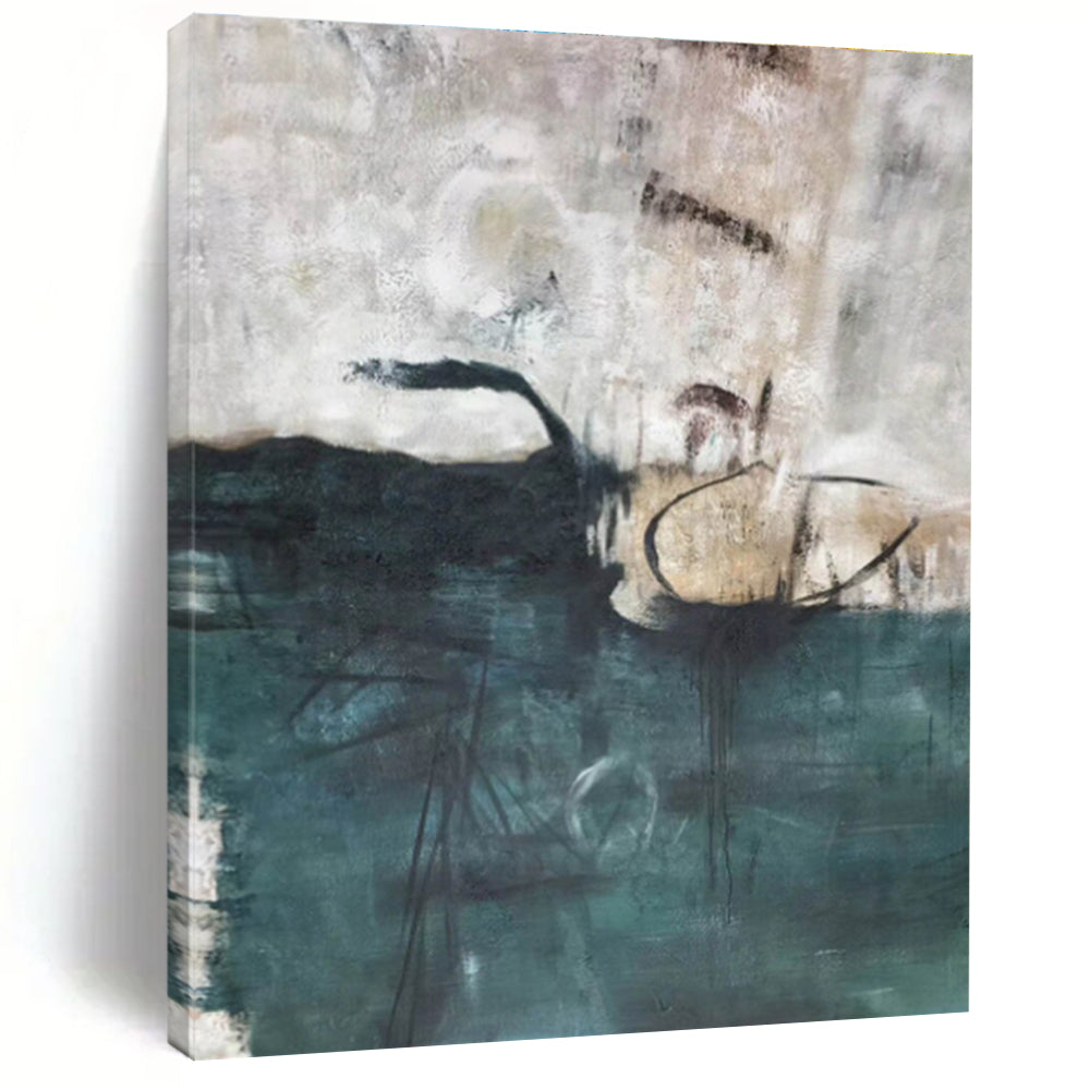 Hand-Painted Teal & Beige Abstract Coastal Landscape Art HS397