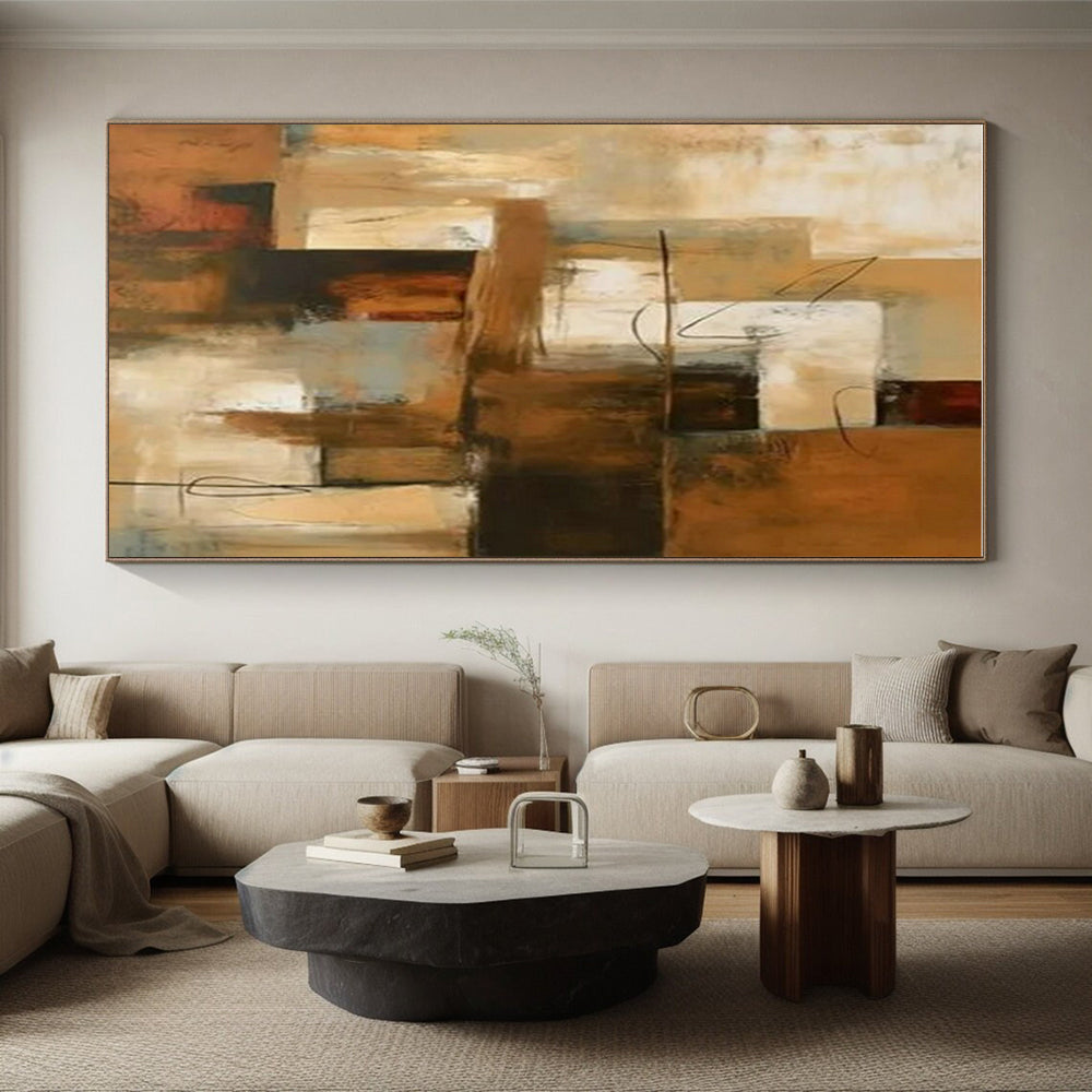 Hand-Painted Modern Art Acrylic with Brown, Beige, Gray Textures - Large Painting In Living Room HS517