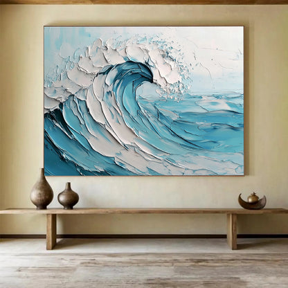 Oversized Canvas Art in Blue and White Textured Wave Abstract Style WB242