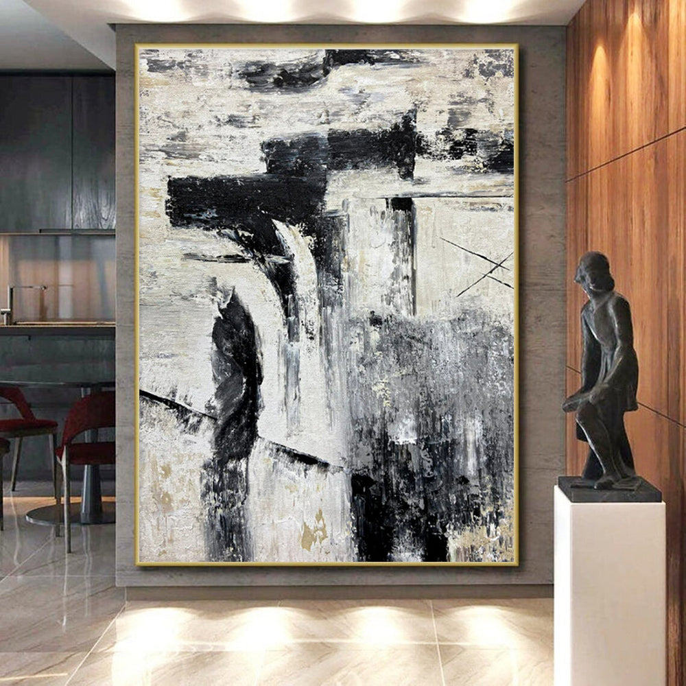 Large Contemporary Wall Art Black, White, and Gold Textured Abstract Art HS725